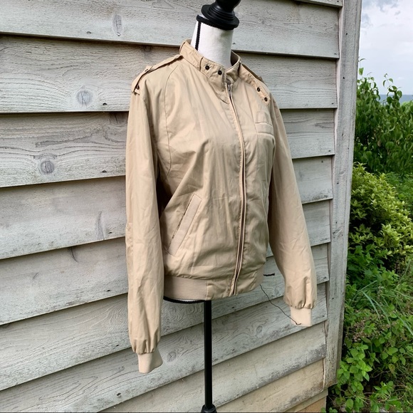 Vintage 80s Tan Khaki Zip Up Front Long Sleeve Collared Utility Bomber Jacket - Picture 4 of 16